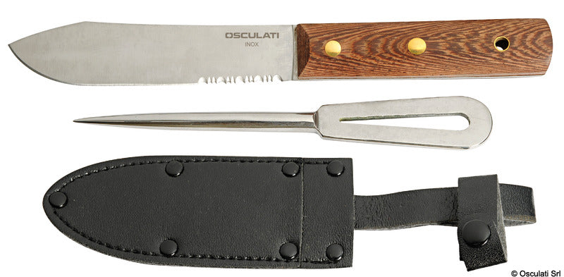 Kniv + splitningspinne i läderfodral