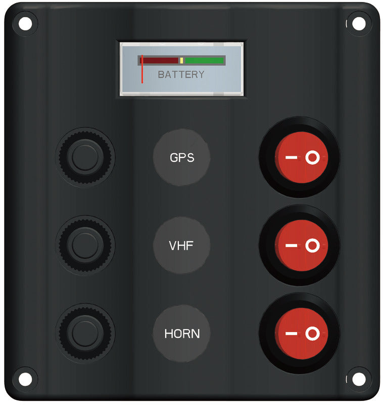 Wave Design -sähköinen ohjauspaneeli keinukytkimillä ja LED-merkkivaloilla