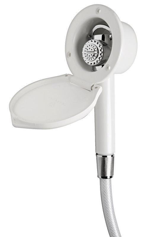 Elegant deck shower for bulkhead mounting with Mizar push-button shower head