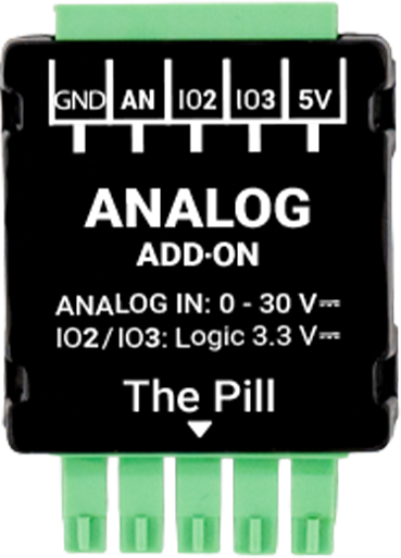 Shelly The Pill Analog 0–30 V lisäosa, akkujännitteen mittaus