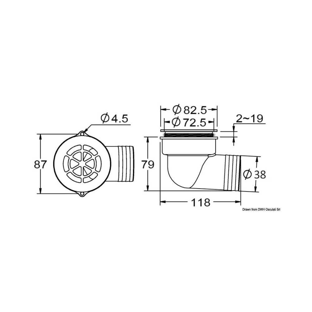 90° cockpit drain with check valve