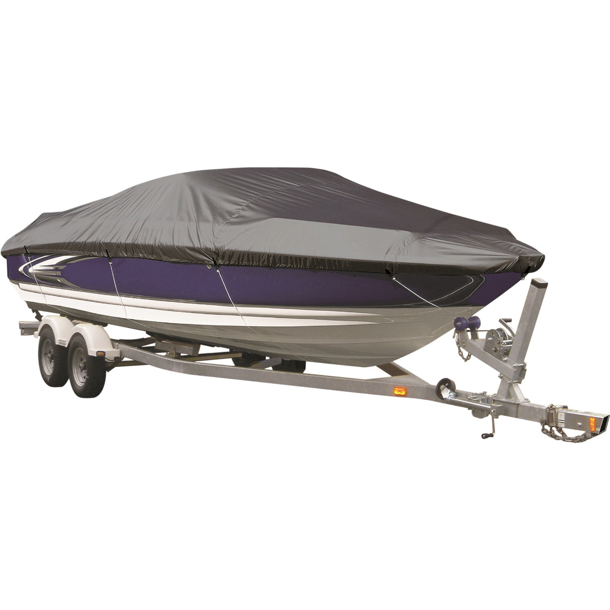 Grey AX4 universal boat cover fitted over a boat on a trailer
