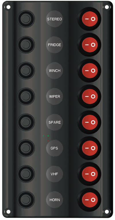 Wave Design -sähköinen ohjauspaneeli keinukytkimillä ja LED-merkkivaloilla