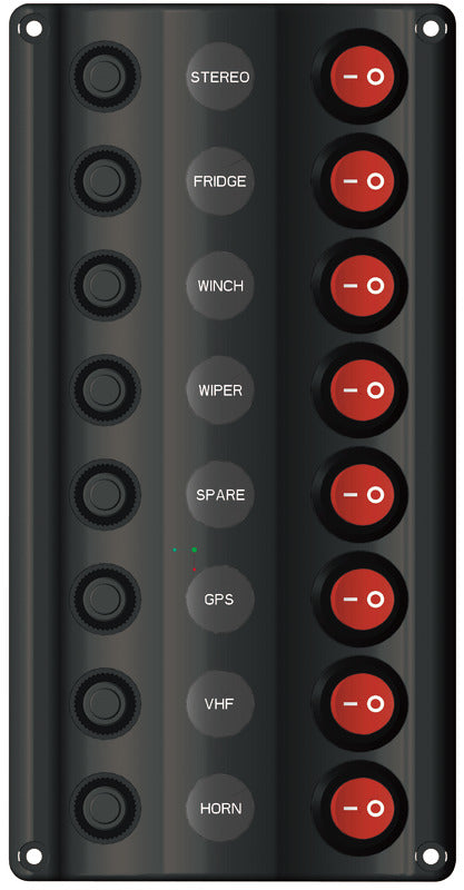 Wave Design -sähköinen ohjauspaneeli keinukytkimillä ja LED-merkkivaloilla