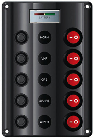 Wave Design -sähköinen ohjauspaneeli keinukytkimillä ja LED-merkkivaloilla