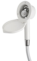 Elegant deck shower for bulkhead mounting with Mizar push-button shower head