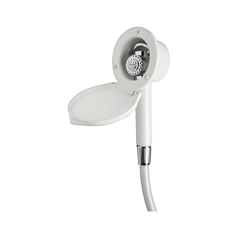 Elegant deck shower for bulkhead mounting with Miz