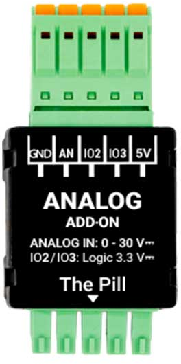 Shelly The Pill Analog 0–30 V lisäosa, akkujännitteen mittaus