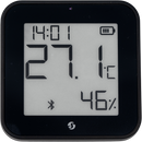 Shelly Blu ZB H&T Display, black, front view with temperature, humidity, time and battery level on the e-paper display