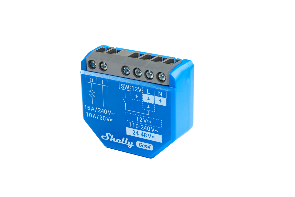 Shelly 1 Gen4 relé, 4-pakning, Matter/Zigbee, 12–48 V DC & 230 V