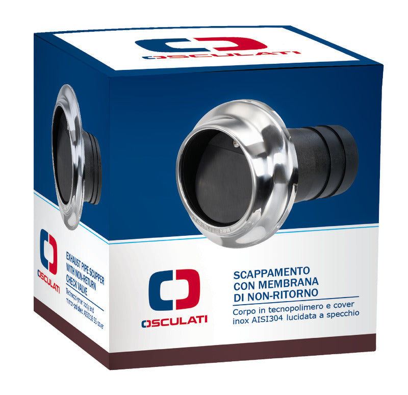 Technopolymer and stainless steel exhaust pipe scuppers with check valve