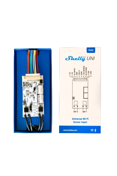 Shelly Plus Uni universaali I/O-moduuli, 2 lähtöä, digitaaliset & analogiset tulot, 12–36 V DC