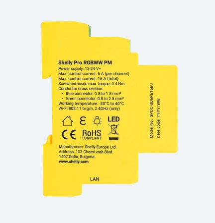 Shelly Pro RGBWW PM DIN-montert LED-kontroller, måling, LAN & Wi-Fi, 12–24 V DC