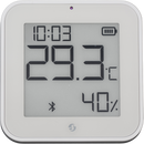 Shelly Blu ZB H&T Display, white, front view with temperature, humidity, time and battery level on the e-paper display