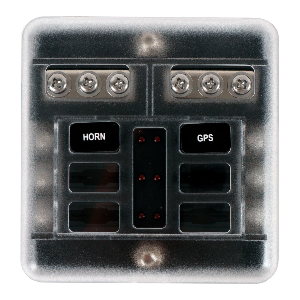 Marine blade fuse box with LED blown-fuse indicators