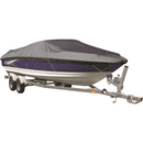 Grey AX4 universal boat cover fitted over a boat on a trailer