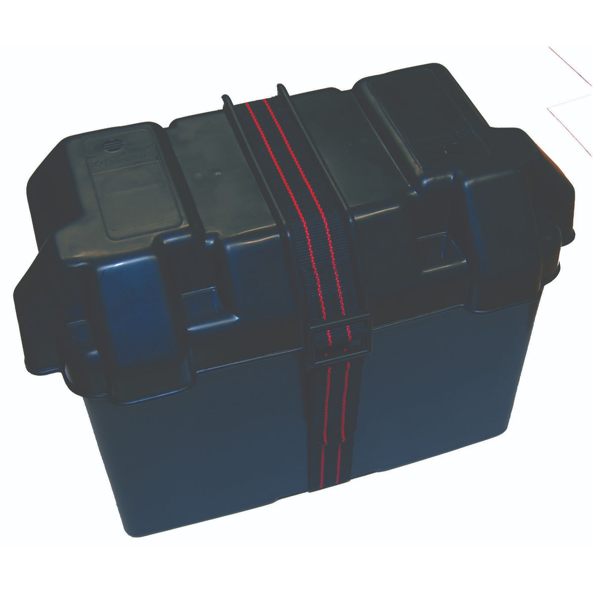 Marine battery box with securing strap